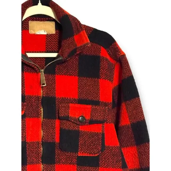 Vintage Red and Black Buffalo Plaid Wool Blend Zip Up Jacket Heavyweight Unisex - Picture 5 of 9